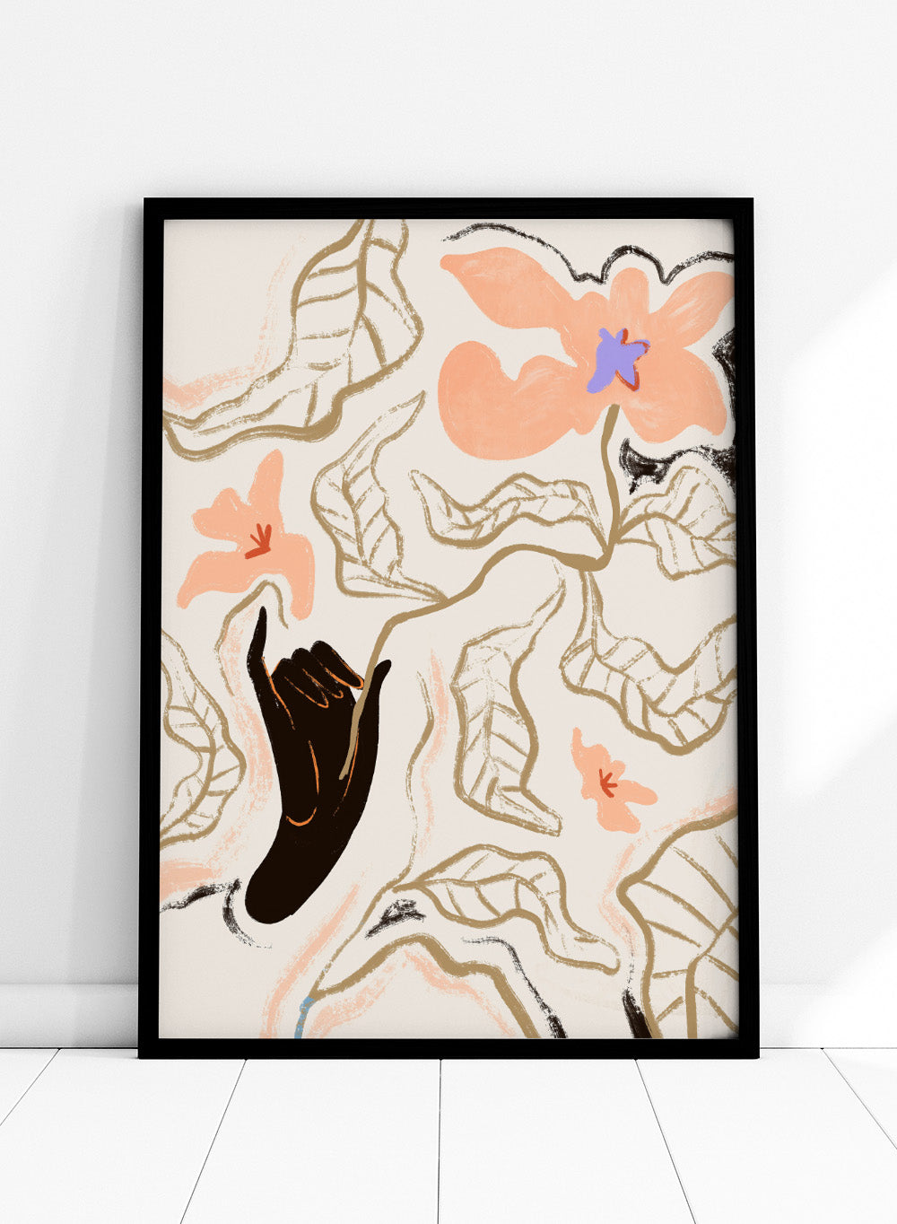 Abstract artwork with a black hand reaching towards flowers on a light background. Fleur by Arty Guava is a modern floral art print with soft abstract flowers and hand-drawn linework. Officially licensed wall poster with framing.