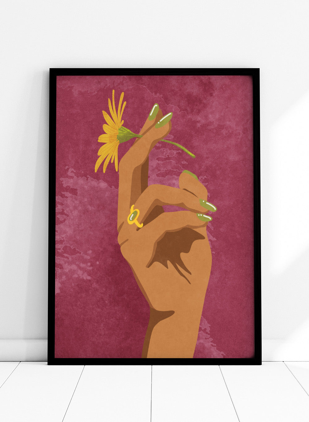 Illustration of a hand holding a yellow flower against a pink background. Smoking Flower by Raissa Oltmanns is a modern floral art print featuring a hand holding a yellow flower in bold contemporary wall poster style.