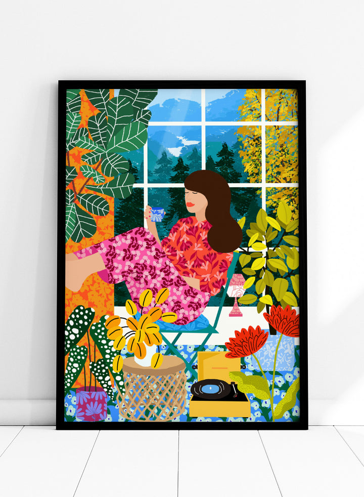 Illustration of a woman sitting by a window with a cup, surrounded by plants and flowers. Listening To the Sound of Nature by Rafaela Mascaro fine art print featuring woman by window, botanical interior, colorful plants, modern contemporary wall art poster.