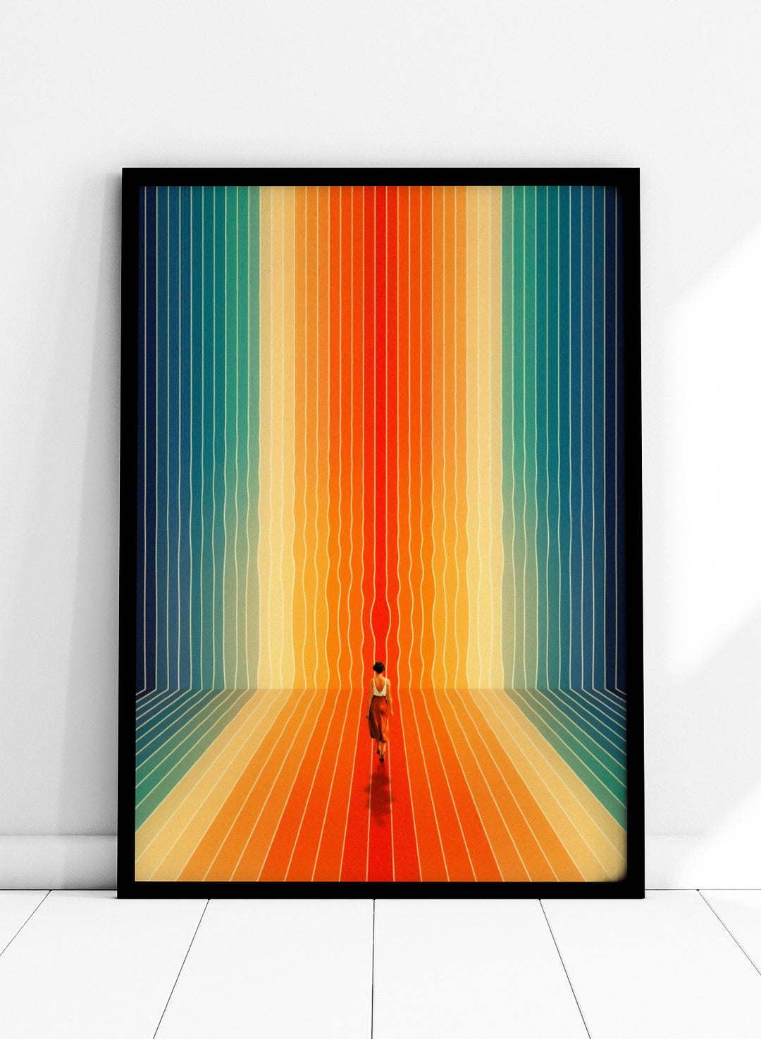 Artistic depiction of a person standing in a colorful, vertically striped space. Here I Come by Taudalpoi surreal retro sci-fi corridor art print with colorful perspective lines and lone figure, cosmic vintage style poster wall art.