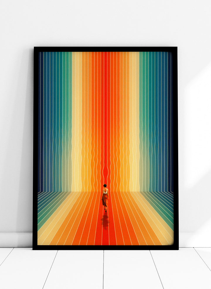 Artistic depiction of a person standing in a colorful, vertically striped space. Here I Come by Taudalpoi surreal retro sci-fi corridor art print with colorful perspective lines and lone figure, cosmic vintage style poster wall art.