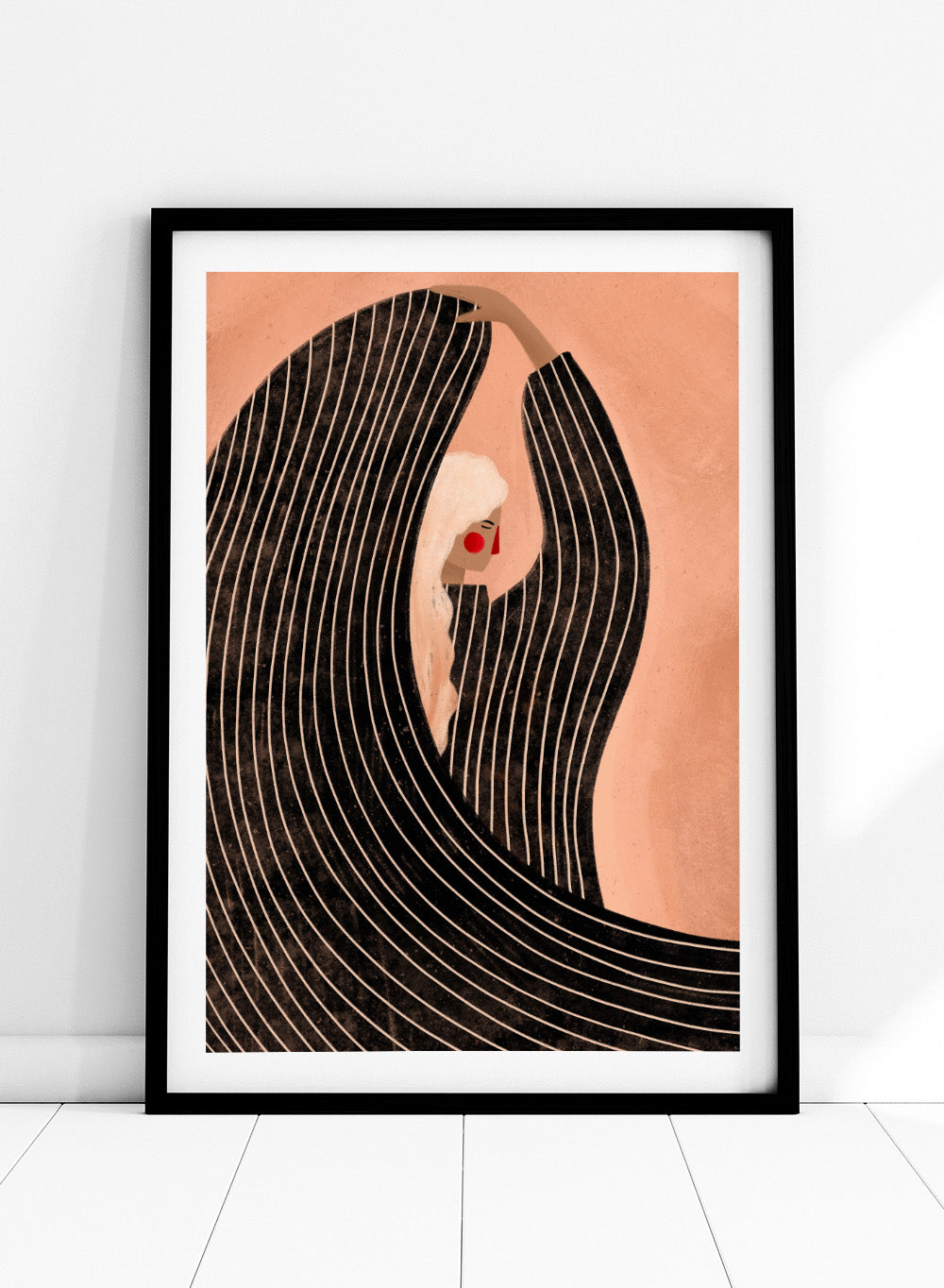 The Woman With the Black Dress by Bea Müller is an officially licensed art print featuring modern illustration, bold graphic shape, and refined color. Available framed or unframed.