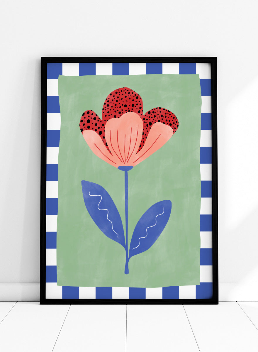 Shop Playful Red Bloom by Elena Ristova, a floral wall art print poster with a red flower, blue leaves, mint green background, and check border.