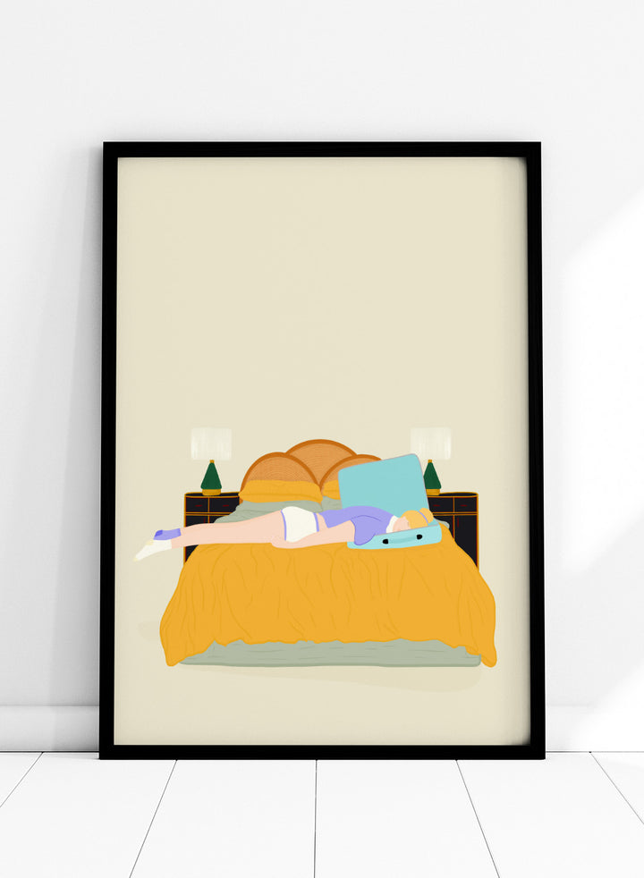 Illustration of a person lying in bed with a blue pillow and yellow blanket on a beige background. Digital Nomad by Jota de Jai is a calm modern art print of a woman resting on a bed with an open suitcase, officially licensed fine art wall poster with framing available.