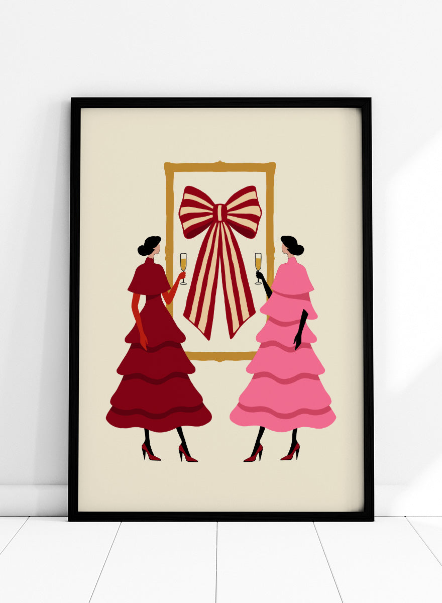 Shop Elegant Bow Celebration by Dominique Vari, a festive fashion wall art print poster featuring two women, champagne glasses, layered dresses, and a bold striped bow.