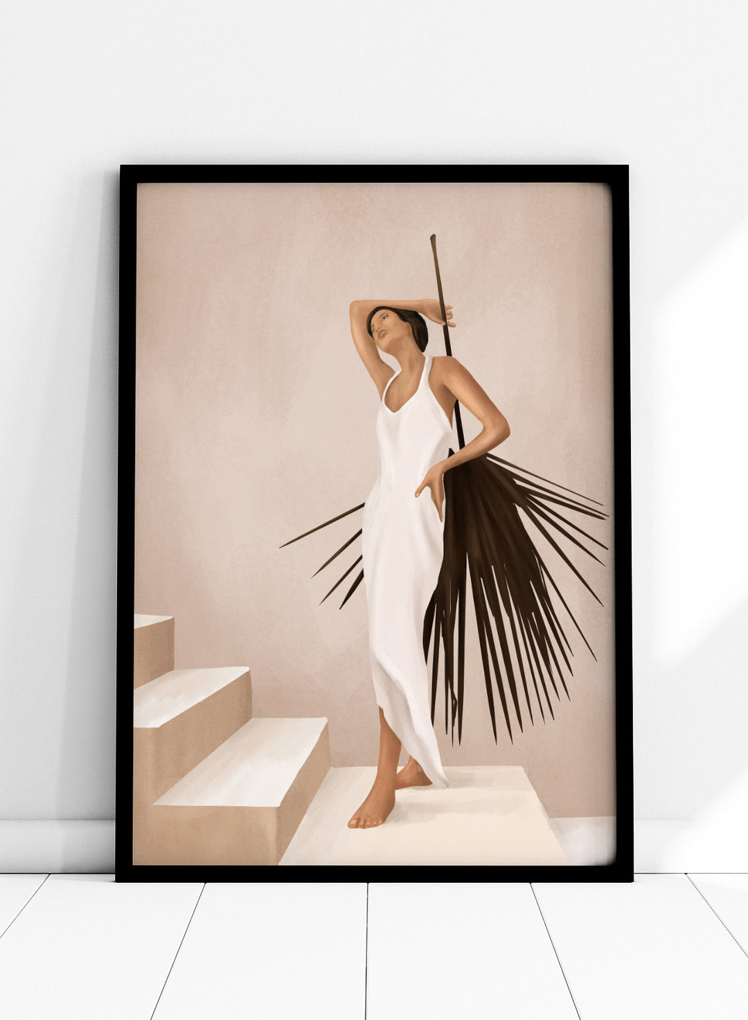 Woman in a white dress standing on a staircase with a palm leaf design. Elegant Tropical Serenity by City Art features a woman in a flowing white dress and palm leaves, bringing organic living, tropical style, and warm neutral tones into the home.