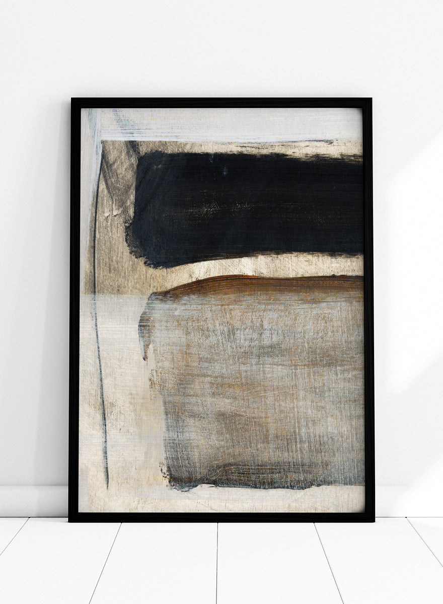 Abstract square artwork with broad textured brushstrokes in black, warm brown, gray, and off-white. Shop Desire by Dan Hobday, a contemporary abstract art print featuring bold black forms, earthy brown tones, layered brushwork, and a textured neutral palette.
