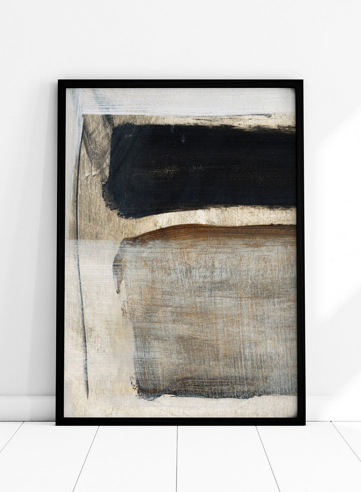 Abstract square artwork with broad textured brushstrokes in black, warm brown, gray, and off-white. Shop Desire by Dan Hobday, a contemporary abstract art print featuring bold black forms, earthy brown tones, layered brushwork, and a textured neutral palette.