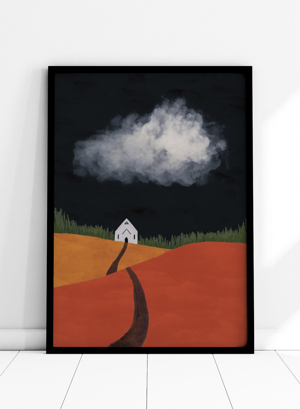 A stylized landscape artwork showing a white house on a hill, a dark winding path, orange and yellow fields, green grass, and a large white cloud against a very dark sky. Winding Path Church by Lisa Solomoniuk premium framed fine art print featuring a small white church beneath a dramatic cloud over red and ochre hills.