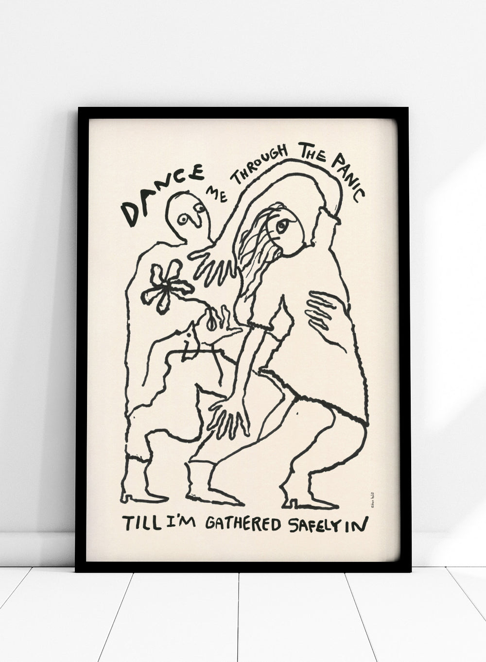 Black and white illustration of two figures embracing with text above and below. Dance Me To the End of Love by Eden Kalif is a modern figurative line art print with expressive figures and text, a contemporary minimalist wall poster about connection.