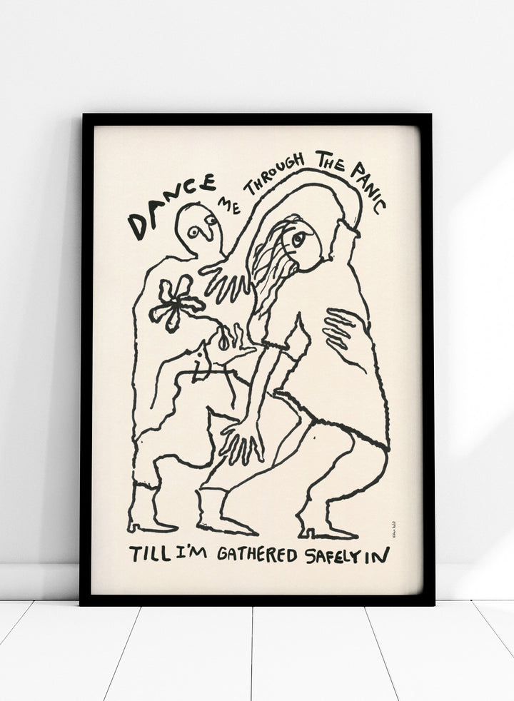 Black and white illustration of two figures embracing with text above and below. Dance Me To the End of Love by Eden Kalif is a modern figurative line art print with expressive figures and text, a contemporary minimalist wall poster about connection.
