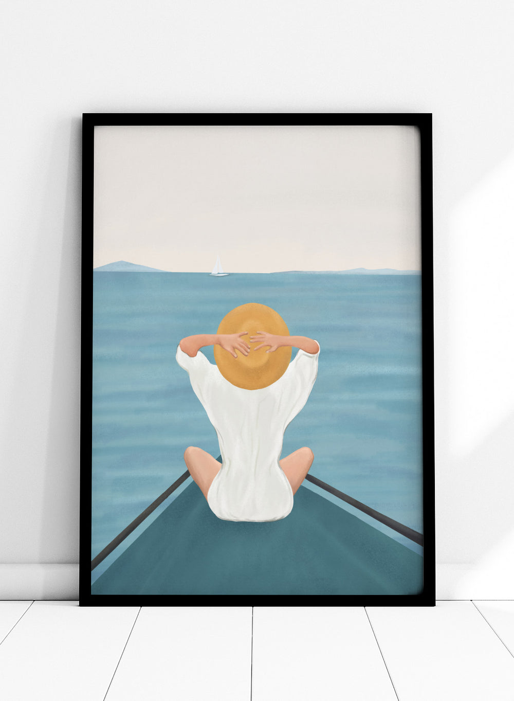 Person sitting on a dock over water wearing a white dress and straw hat. Ocean Escape by Flow Line features a woman sitting on a boat overlooking the sea, creating a coastal art print inspired by travel, summer, and ocean living.
