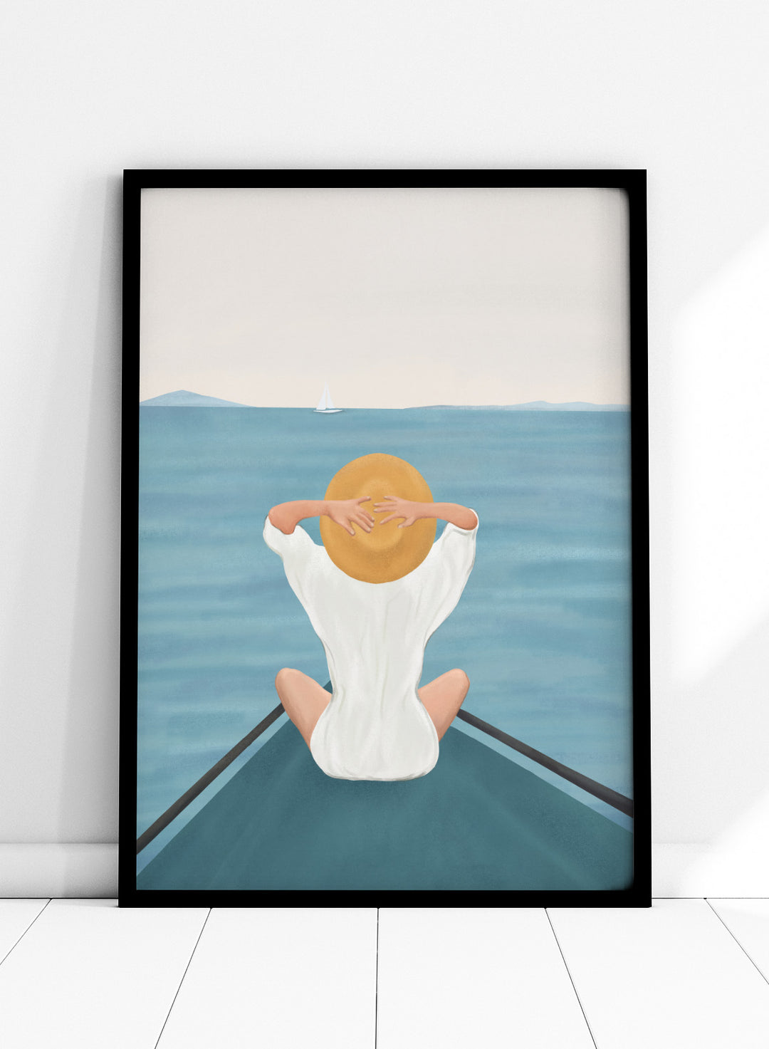 Person sitting on a dock over water wearing a white dress and straw hat. Ocean Escape by Flow Line features a woman sitting on a boat overlooking the sea, creating a coastal art print inspired by travel, summer, and ocean living.