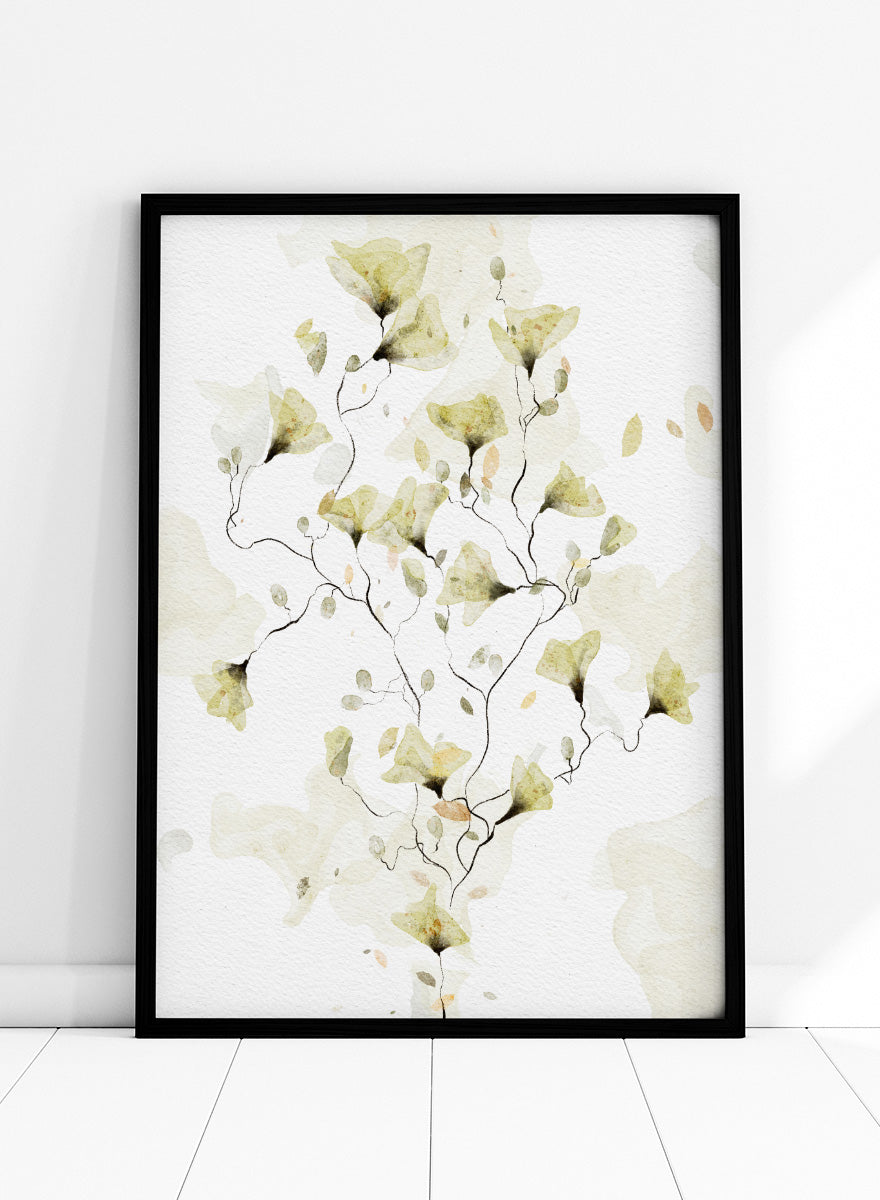 Watercolor floral art print featuring delicate pale yellow and beige flowers on a textured off-white background. Shop Delicate Watercolor Flowers by Ankie Kooi, a floral wall art print poster with watercolor wildflowers, botanical line art, yellow, green, and cream.
