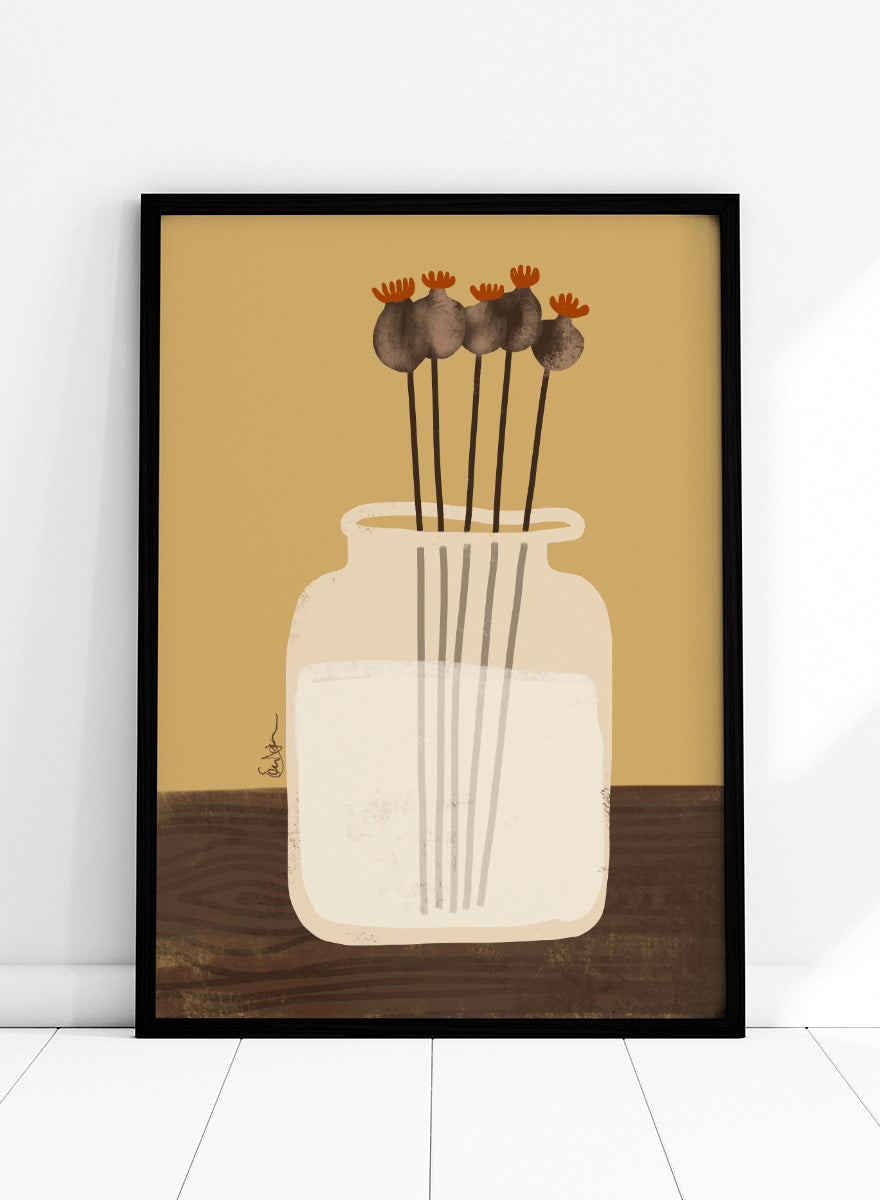 A stylized art print depicting a white glass jar filled with water, holding four dried poppy pods with orange tops, set against a warm tan background and a dark brown wooden surface. Shop Dried Poppy Pods Vase by Elsa Nätterdal, a botanical still life art print featuring dried poppy pods, a cream vase, and warm autumn tones.