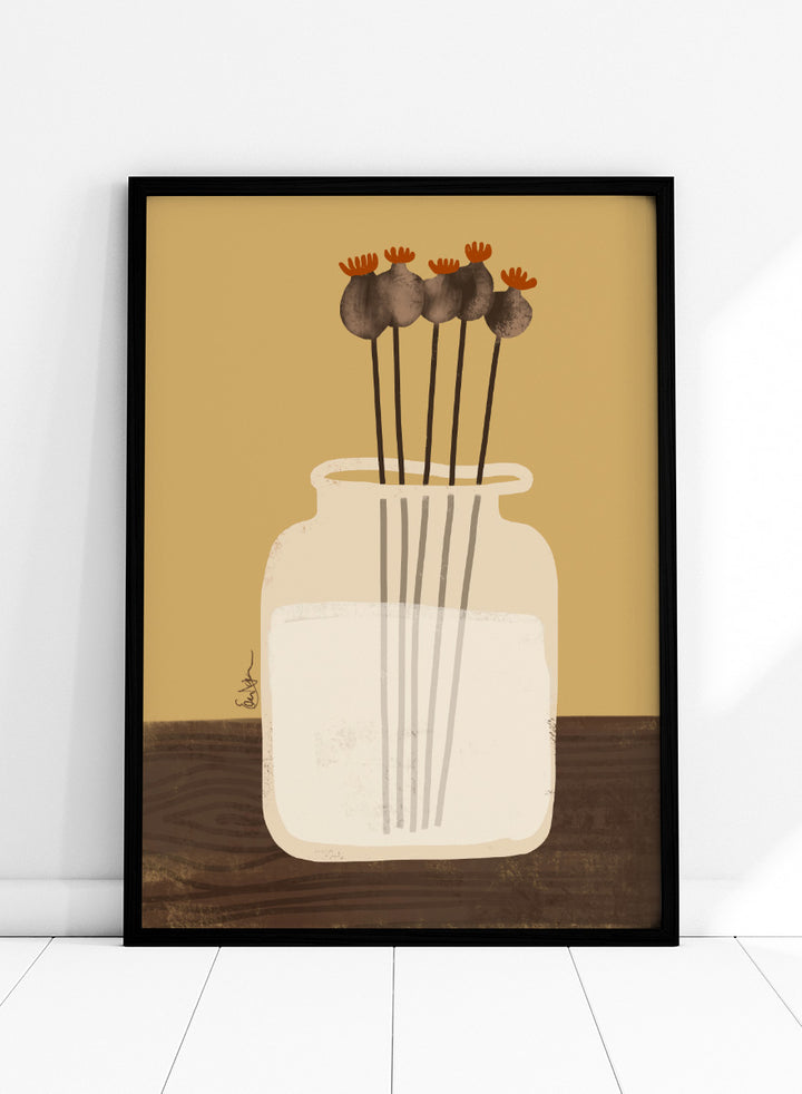 A stylized art print depicting a white glass jar filled with water, holding four dried poppy pods with orange tops, set against a warm tan background and a dark brown wooden surface. Shop Dried Poppy Pods Vase by Elsa Nätterdal, a botanical still life art print featuring dried poppy pods, a cream vase, and warm autumn tones.