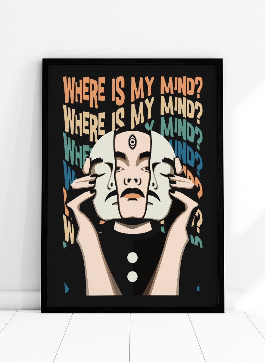 A stylized graphic art print featuring a person in a black outfit holding a white mask in front of their face, with the text 'WHERE IS MY MIND?' repeated in multicolored letters on a black background. Questioning My Identity by Retrodrome surreal art print featuring mirrored faces, “Where is my mind?” typography, and bold retro-inspired color.