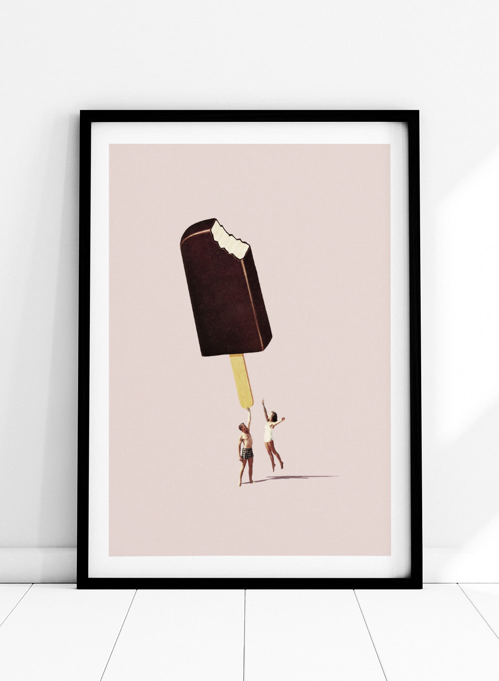 You Treat Me Well by Maarten Léon collage art print featuring two figures holding a melting ice cream. Premium fine art print with real wood framing.