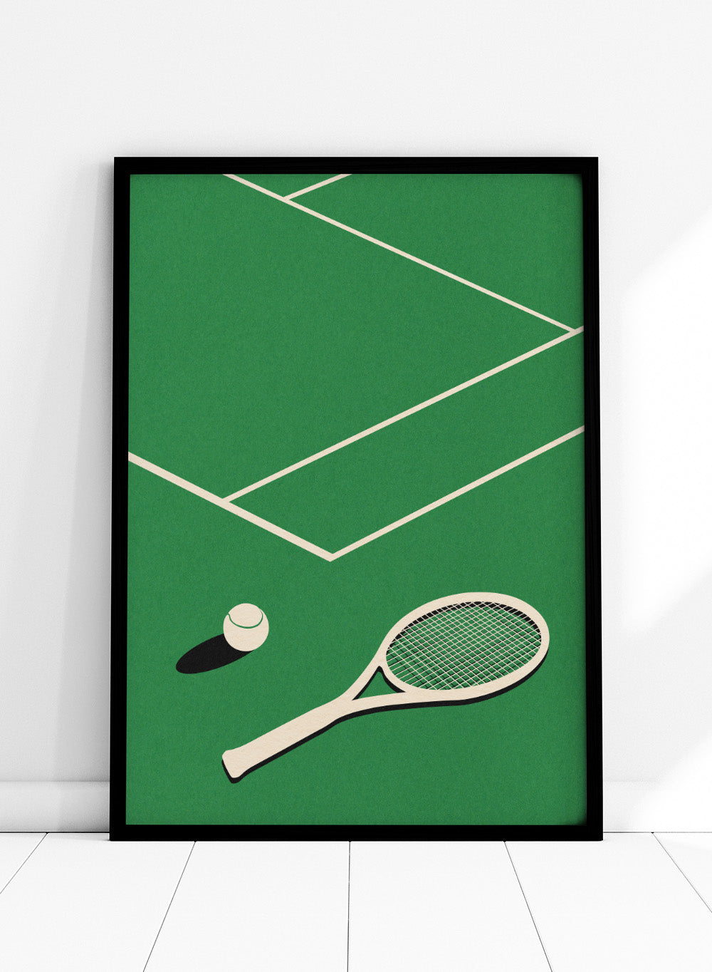 Tennis racket and ball on a green court with white lines. Lawn Tennis Club by Rosi Feist is a minimalist tennis court art print with modern Bauhaus design. Officially licensed fine art poster with framing.