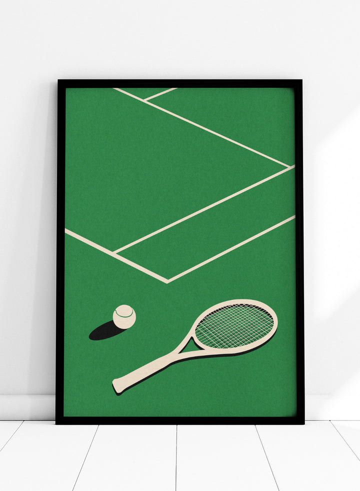 Tennis racket and ball on a green court with white lines. Lawn Tennis Club by Rosi Feist is a minimalist tennis court art print with modern Bauhaus design. Officially licensed fine art poster with framing.