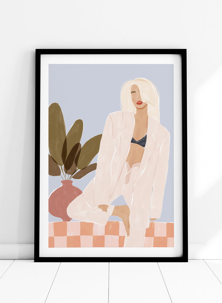 Too Lazy To Yoga by Ivy Green is a contemporary illustration art print featuring a relaxed woman in a minimalist interior. Premium fine art print with real wood framing.