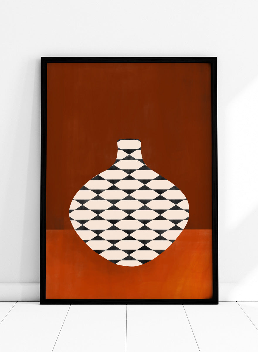 Shop Modern Geometric Vase by Elena Ristova, a modern wall art print poster featuring a black-and-cream patterned vase against a rich rust background.