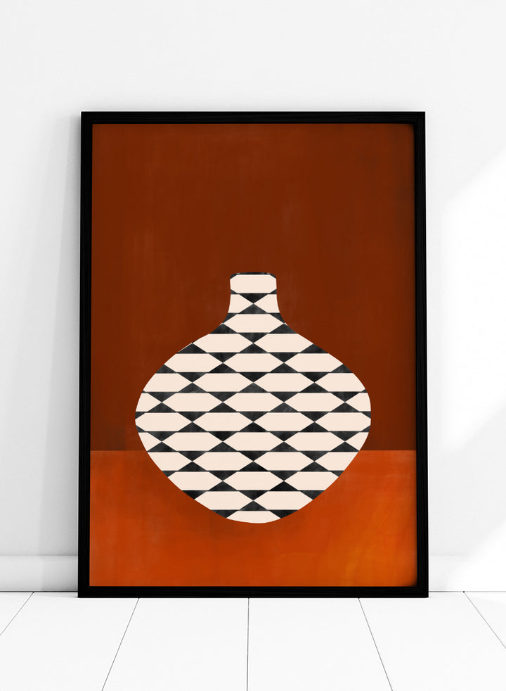 Shop Modern Geometric Vase by Elena Ristova, a modern wall art print poster featuring a black-and-cream patterned vase against a rich rust background.