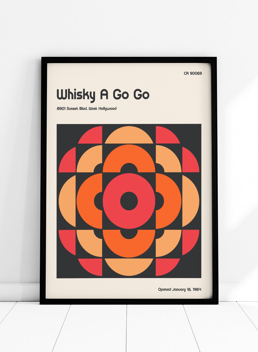 A retro-style poster or art print with the text 'Whisky A Go Go' and address at the top, plus 'CA 90069' and 'Opened January 16, 1964' at the bottom. The center features a bold geometric floral pattern in orange, red, peach, and black on a cream background. Whisky A Go Go Mod Design by Retrodrome retro music art print featuring bold 1960s geometry, Sunset Boulevard details, and warm mod-inspired color.