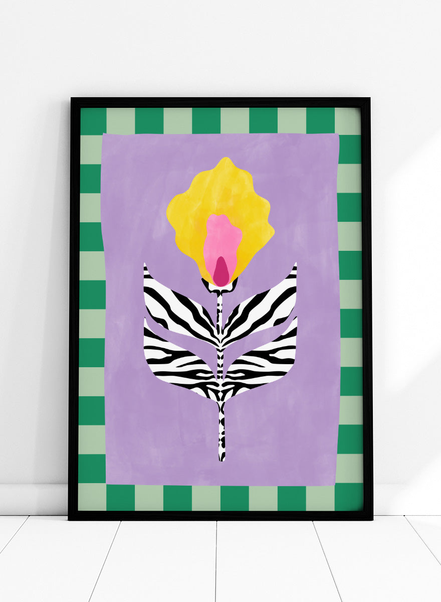 Shop Modern Zebra Flower by Elena Ristova, a colorful floral wall art print poster featuring zebra-striped leaves, a yellow-pink bloom, lavender, and green checks.