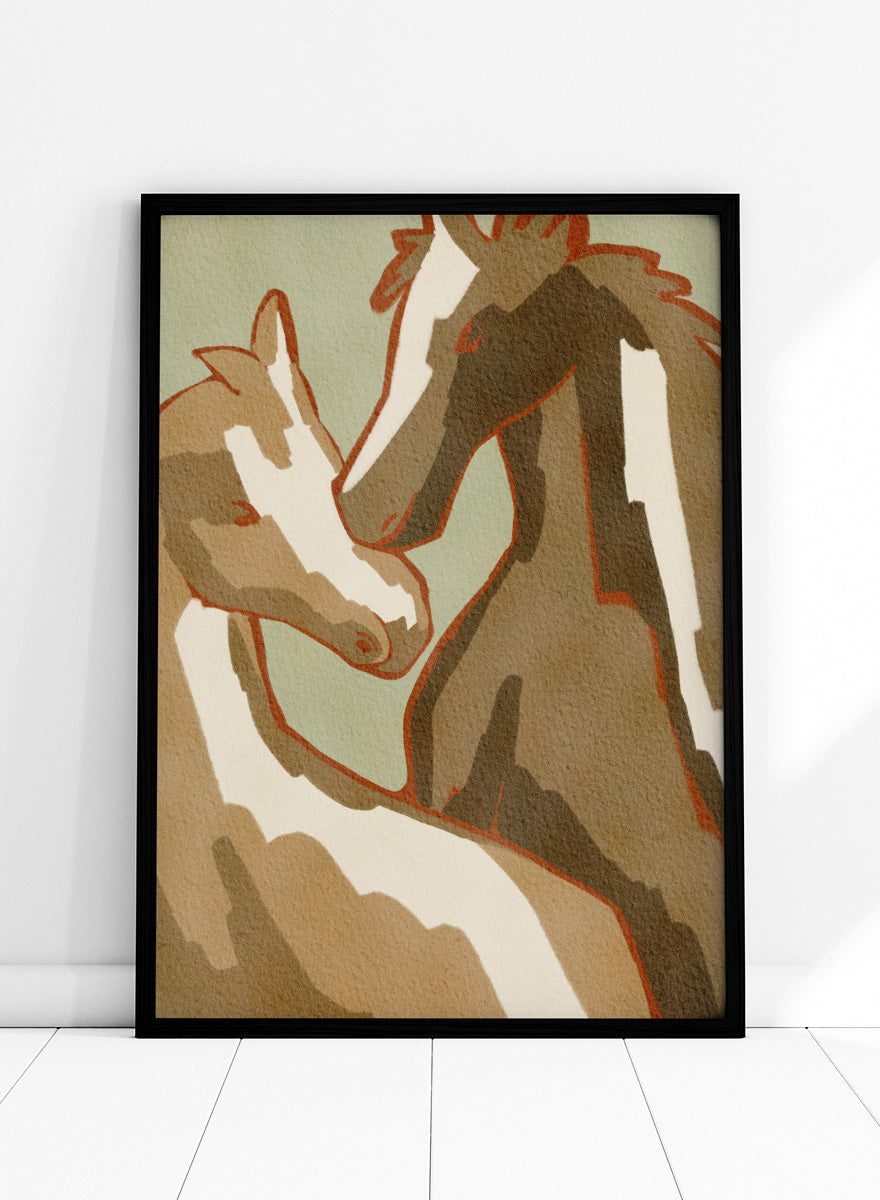 Shop Horse Love by Nikita Jariwala, a modern horse wall art print featuring two horses in a close affectionate pose, with warm beige, cream, and rust tones.