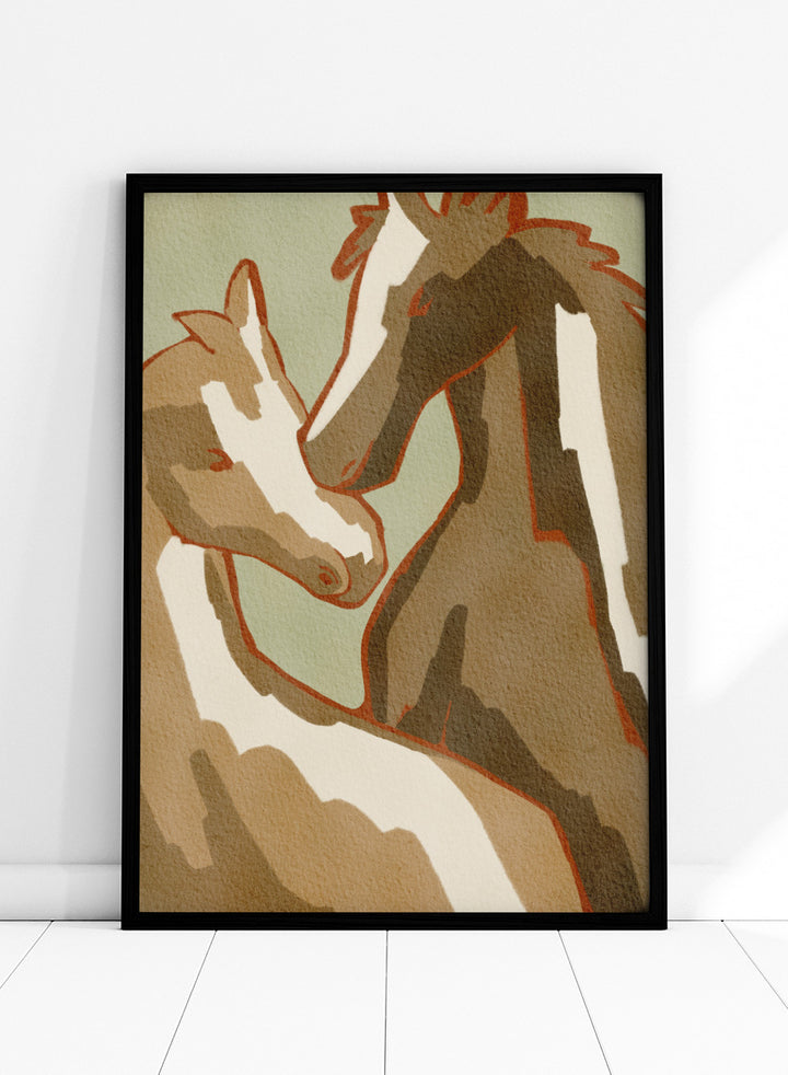 Shop Horse Love by Nikita Jariwala, a modern horse wall art print featuring two horses in a close affectionate pose, with warm beige, cream, and rust tones.