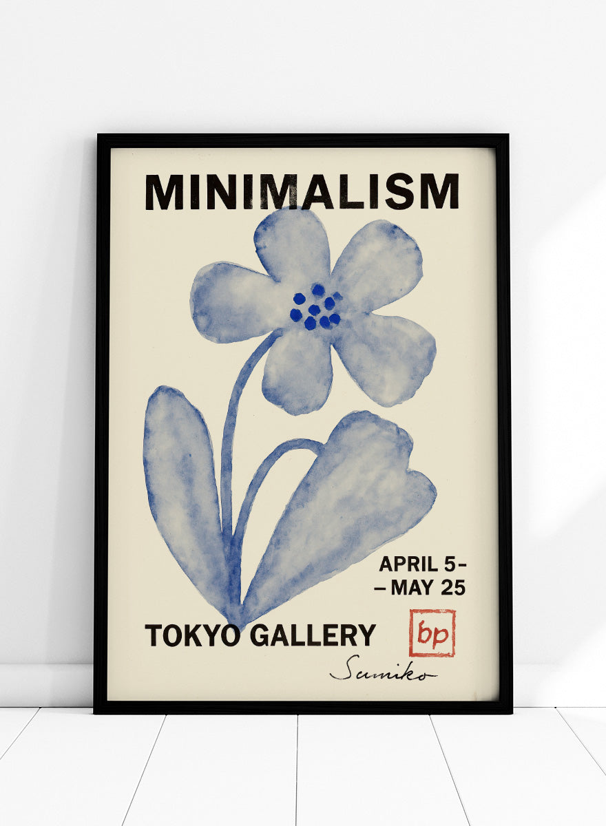 A minimalist art poster featuring a blue watercolor flower illustration on a cream background, with bold black text reading &