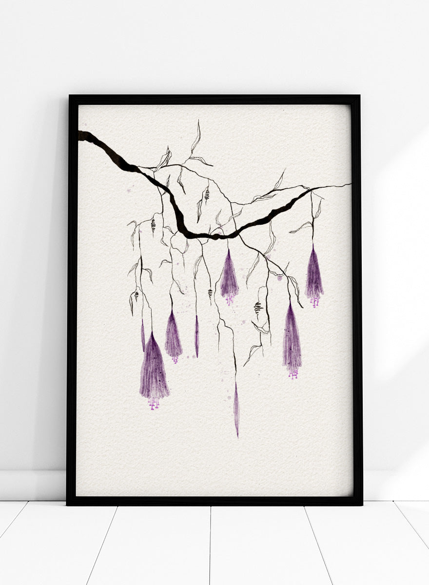 A framed art print featuring a delicate black ink sketch of willow branches with hanging purple blossoms on a textured off-white background. Shop Purple Hanging Blooms by Ankie Kooi, a floral wall art print poster with hanging purple flowers, botanical branch art, watercolor florals, black, and cream.