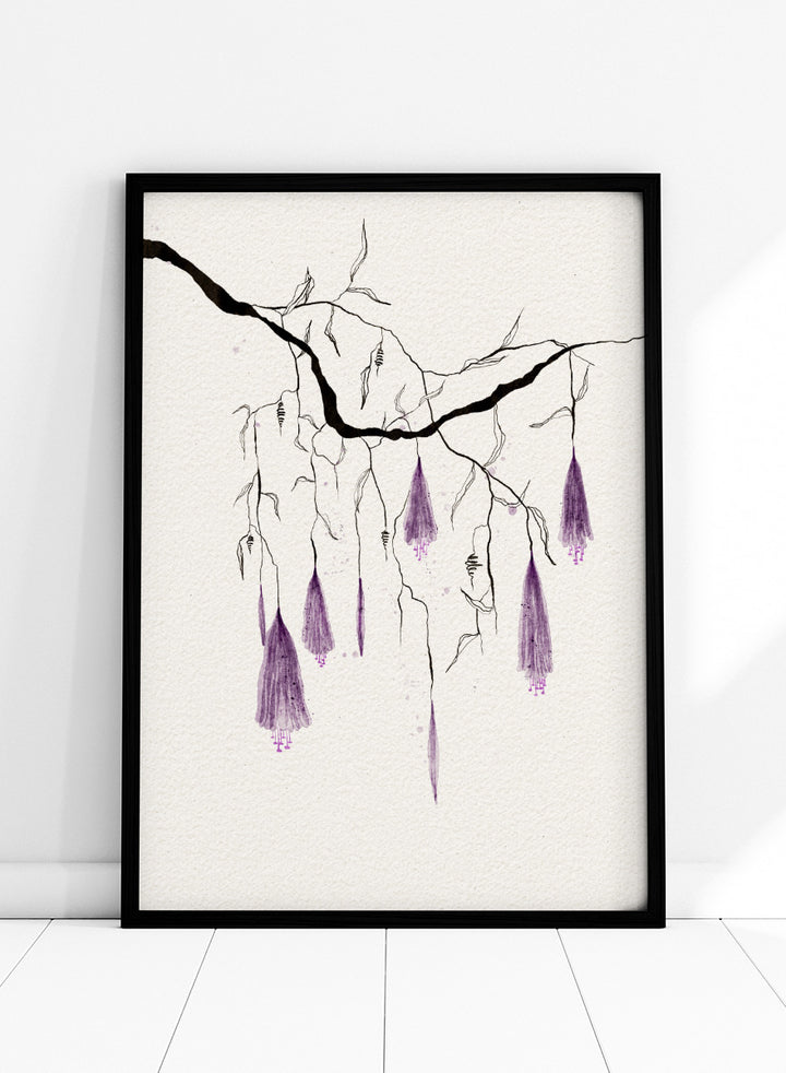 A framed art print featuring a delicate black ink sketch of willow branches with hanging purple blossoms on a textured off-white background. Shop Purple Hanging Blooms by Ankie Kooi, a floral wall art print poster with hanging purple flowers, botanical branch art, watercolor florals, black, and cream.