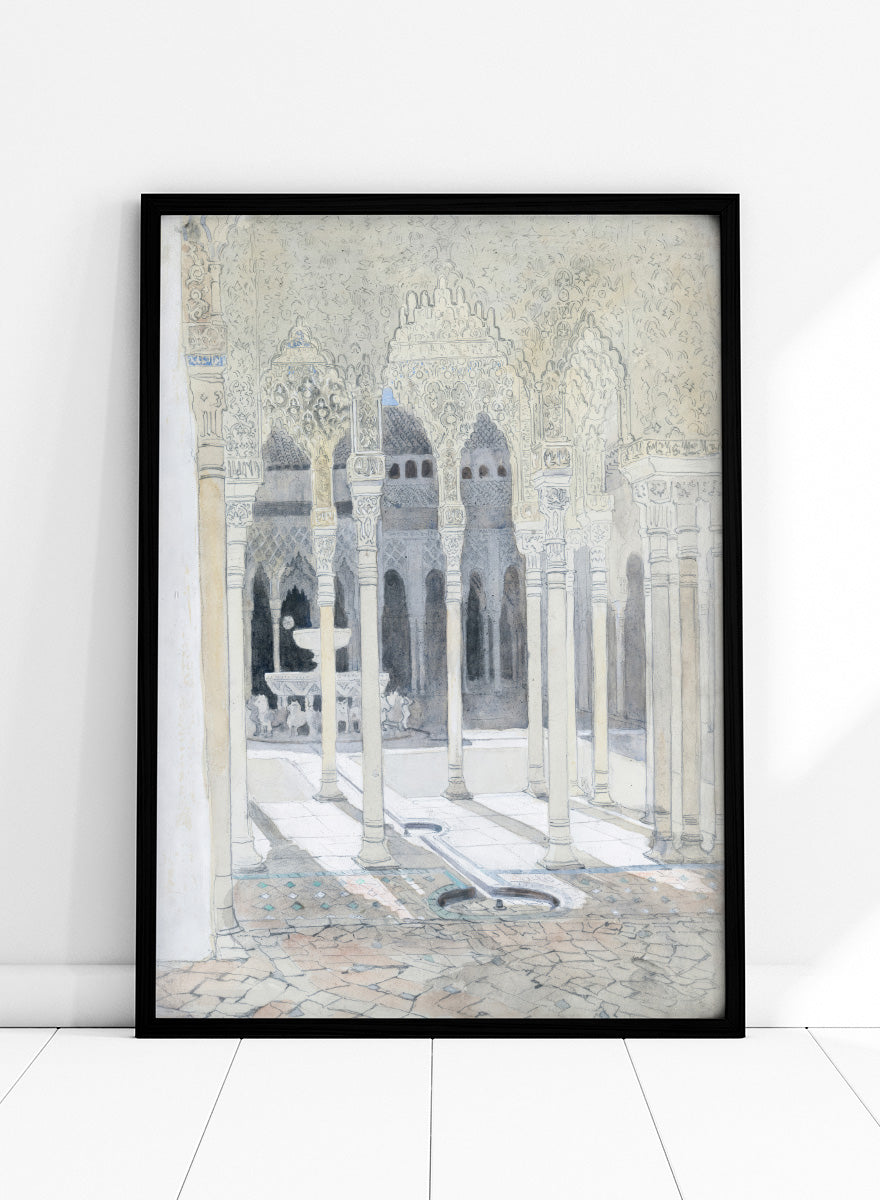 A watercolor and ink painting of a historic courtyard with arches, columns, and a fountain. The Lion Courtyard, the Alhambra, Granada, Spain by Hercules Brabazon Brabazon is a vintage watercolor art print featuring Moorish arches, columns, and the Alhambra courtyard.