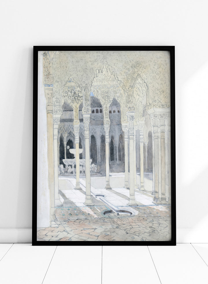 A watercolor and ink painting of a historic courtyard with arches, columns, and a fountain. The Lion Courtyard, the Alhambra, Granada, Spain by Hercules Brabazon Brabazon is a vintage watercolor art print featuring Moorish arches, columns, and the Alhambra courtyard.