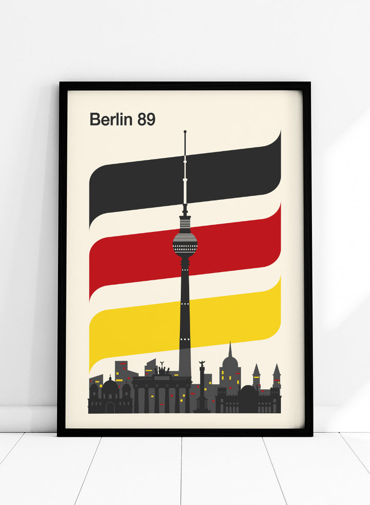 A minimalist travel poster for Berlin 1989, featuring the Fernsehturm TV tower and city skyline against a cream background, with stylized German flag stripes in black, white, red, and yellow. Berlin 89 German Skyline by Retrodrome travel art print featuring the Fernsehturm, Berlin skyline, German flag colors, and bold retro poster design.