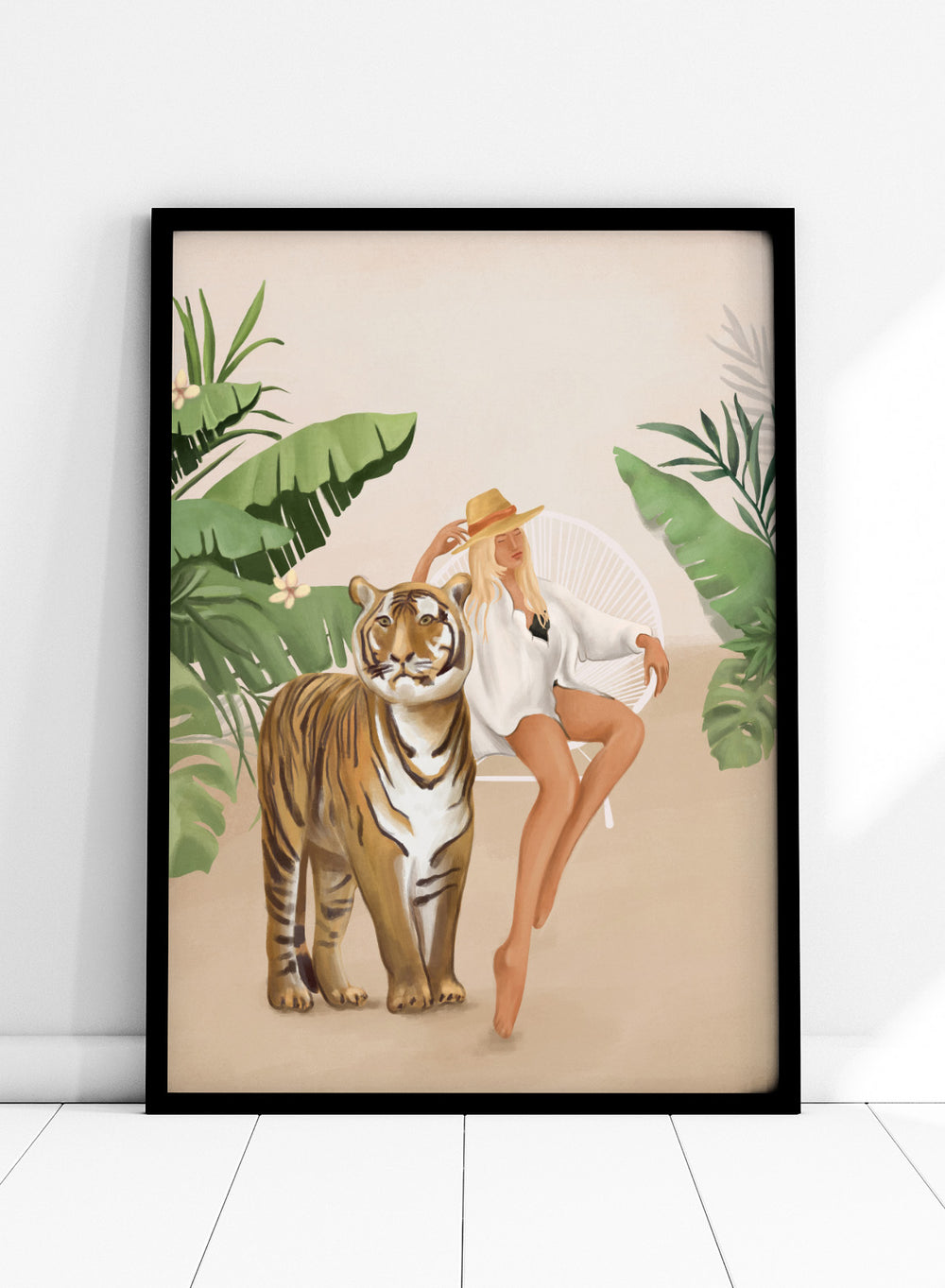 Illustration of a woman sitting next to a tiger with tropical plants in the background. Tropical Tiger Woman by Flow Line is a tropical art print featuring a woman, tiger, and lush greenery, perfect for boho, maximalist, and modern interiors.