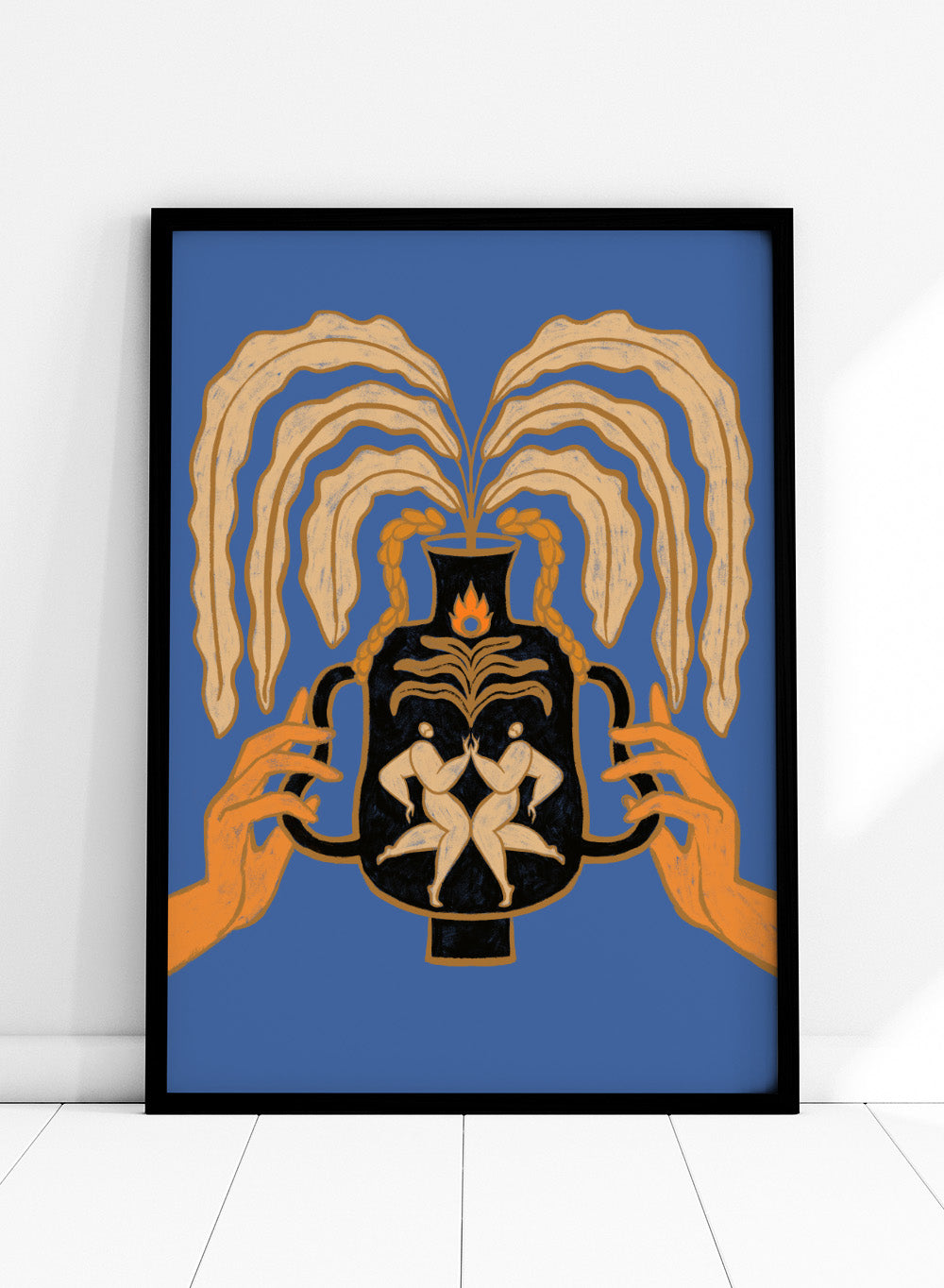Decorative urn with hands holding it against a blue background. Vessel Collection: Let’s Meet Again by Arty Guava art print, modern vase wall poster with symbolic figures, contemporary blue minimalist illustration.