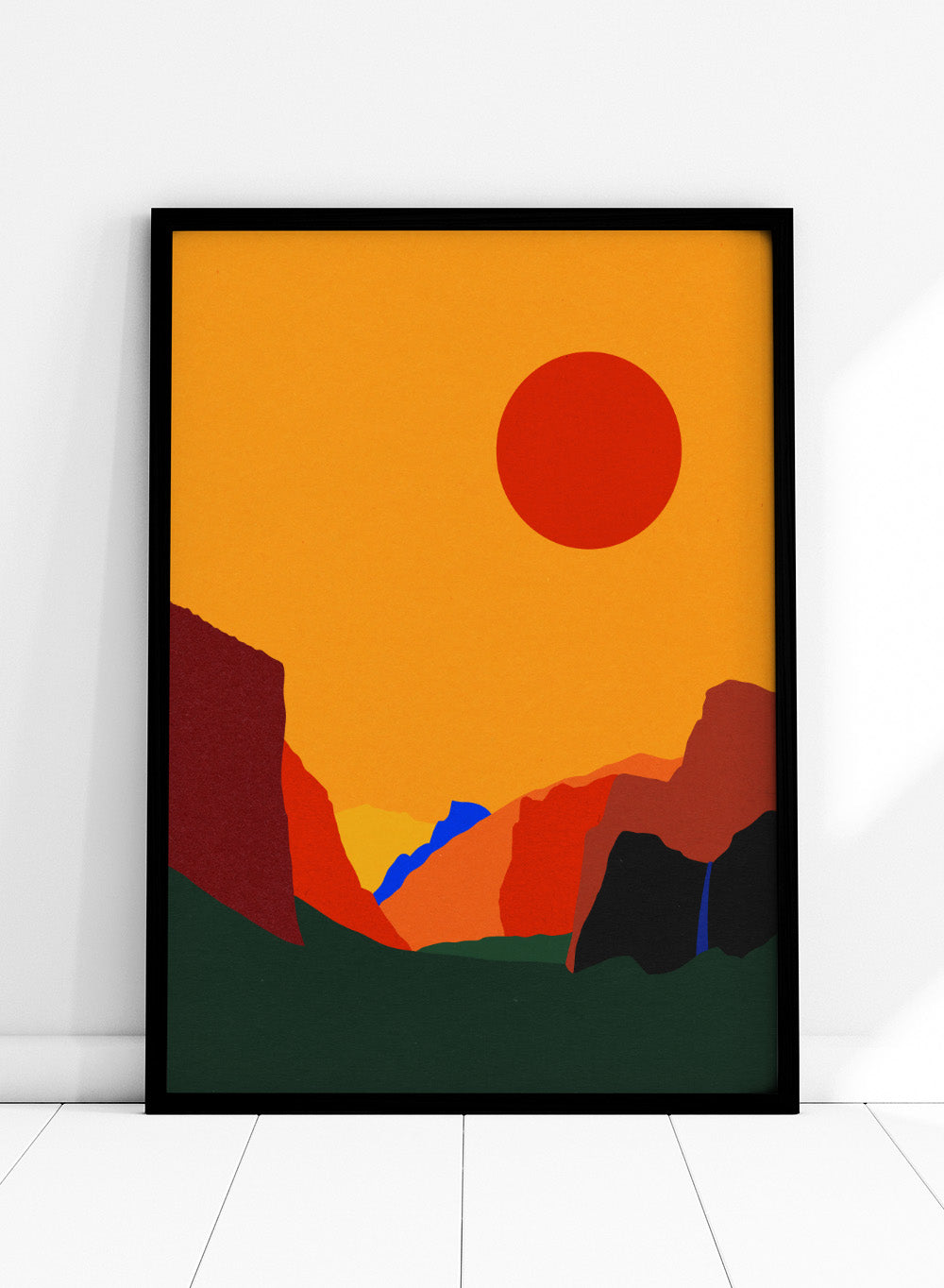 Simplified landscape with red sun, green ground, and brown cliffs. Yosemite Valley by Rosi Feist is a modern minimalist landscape fine art print featuring bold cliffs and a graphic sun. Officially licensed wall poster with optional artisan framing.