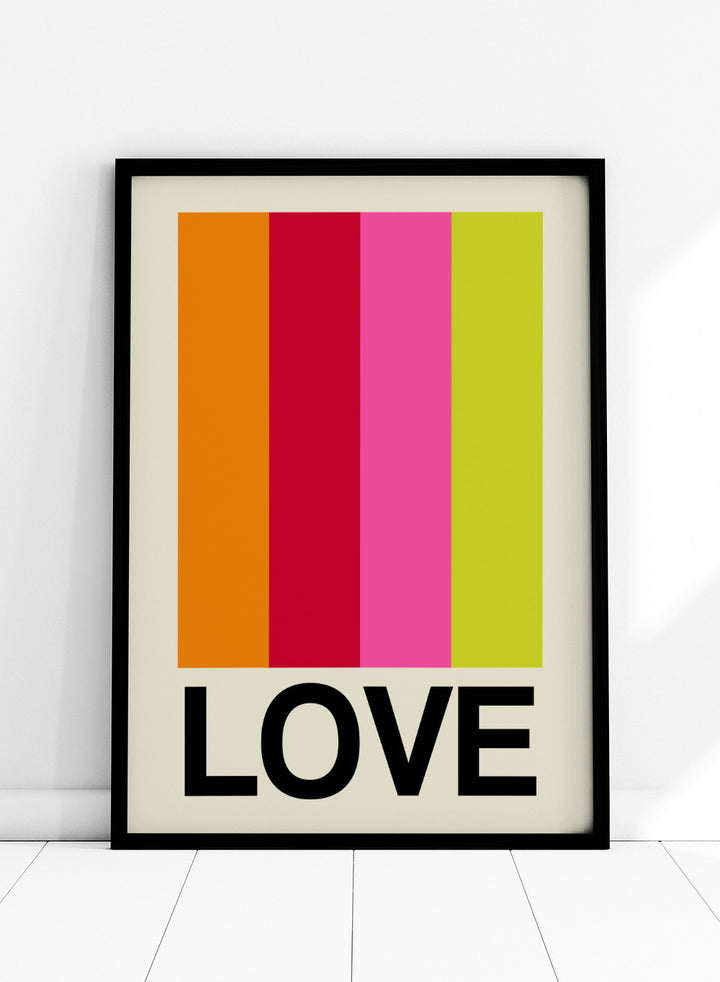 Colorful striped poster with the word 'LOVE' on a beige background. Retro Stripe LOVE Fruit by Frances Collett features colorful vertical stripes and bold LOVE typography. Officially licensed modern graphic art print with optional framing.