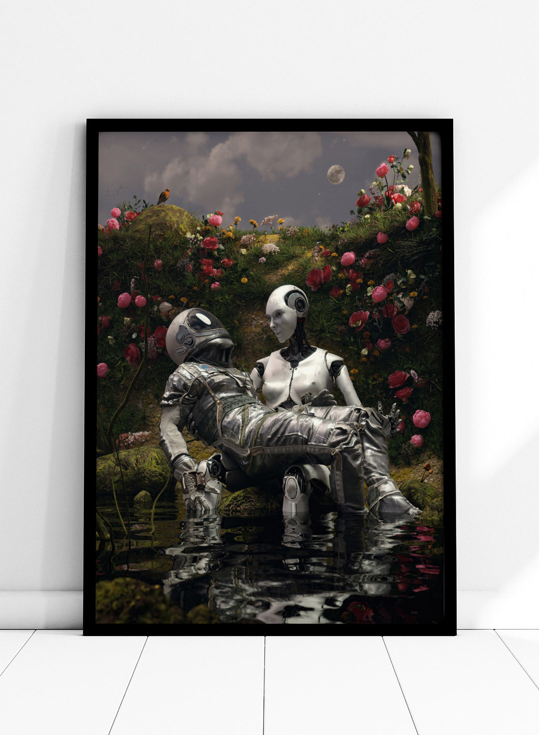 Moonlit Robot Embrace by Nicebleed is a surreal astronaut and android art print with moonlight, water reflection, and floral landscape in modern sci-fi aesthetic.