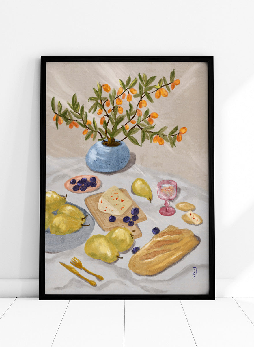 A still life painting of fruit and bread on a draped table, with pears, blueberries, a loaf of bread, cheese, a pink goblet, and a blue vase holding orange branches, all rendered in a soft painterly style. Shop Rustic Pears Still Life by Dirkie Nell, a colorful kitchen still life art print featuring pears, bread, cheese, blueberries, orange berries, and a blue vase.