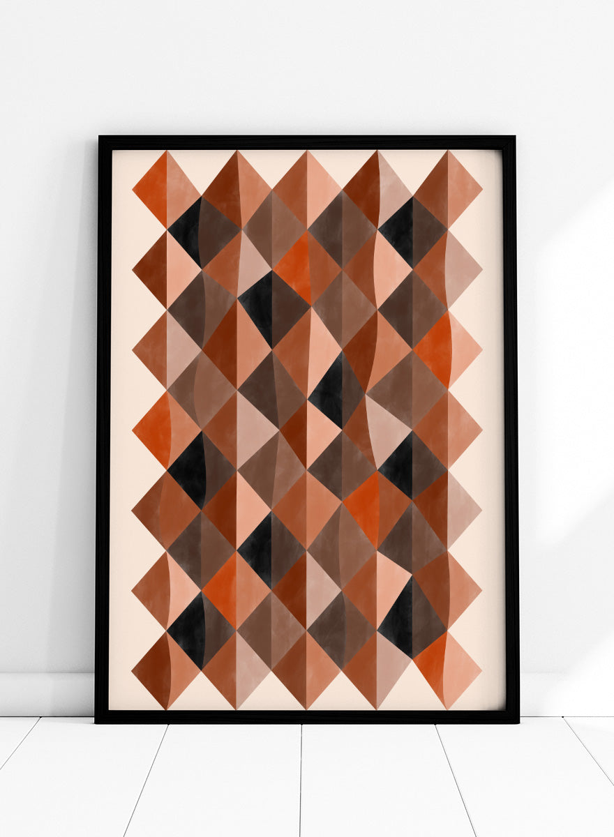 Shop Warm Earthy Geometry by Elena Ristova, a modern abstract wall art print poster featuring layered diamond patterns in rust, brown, cream, pink, and black.