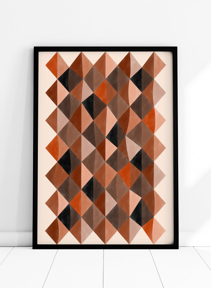 Shop Warm Earthy Geometry by Elena Ristova, a modern abstract wall art print poster featuring layered diamond patterns in rust, brown, cream, pink, and black.