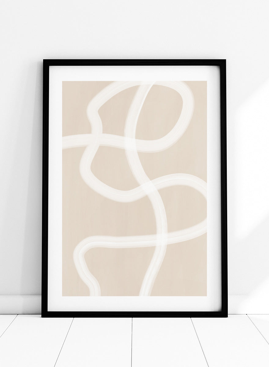Shop Soft Abstract Flow by Elena Ristova, a neutral abstract wall art print poster featuring looping white brushstrokes on a warm beige background.