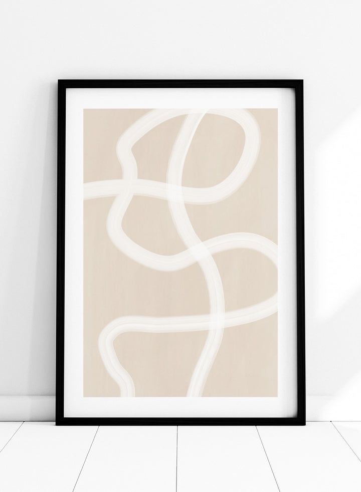 Shop Soft Abstract Flow by Elena Ristova, a neutral abstract wall art print poster featuring looping white brushstrokes on a warm beige background.