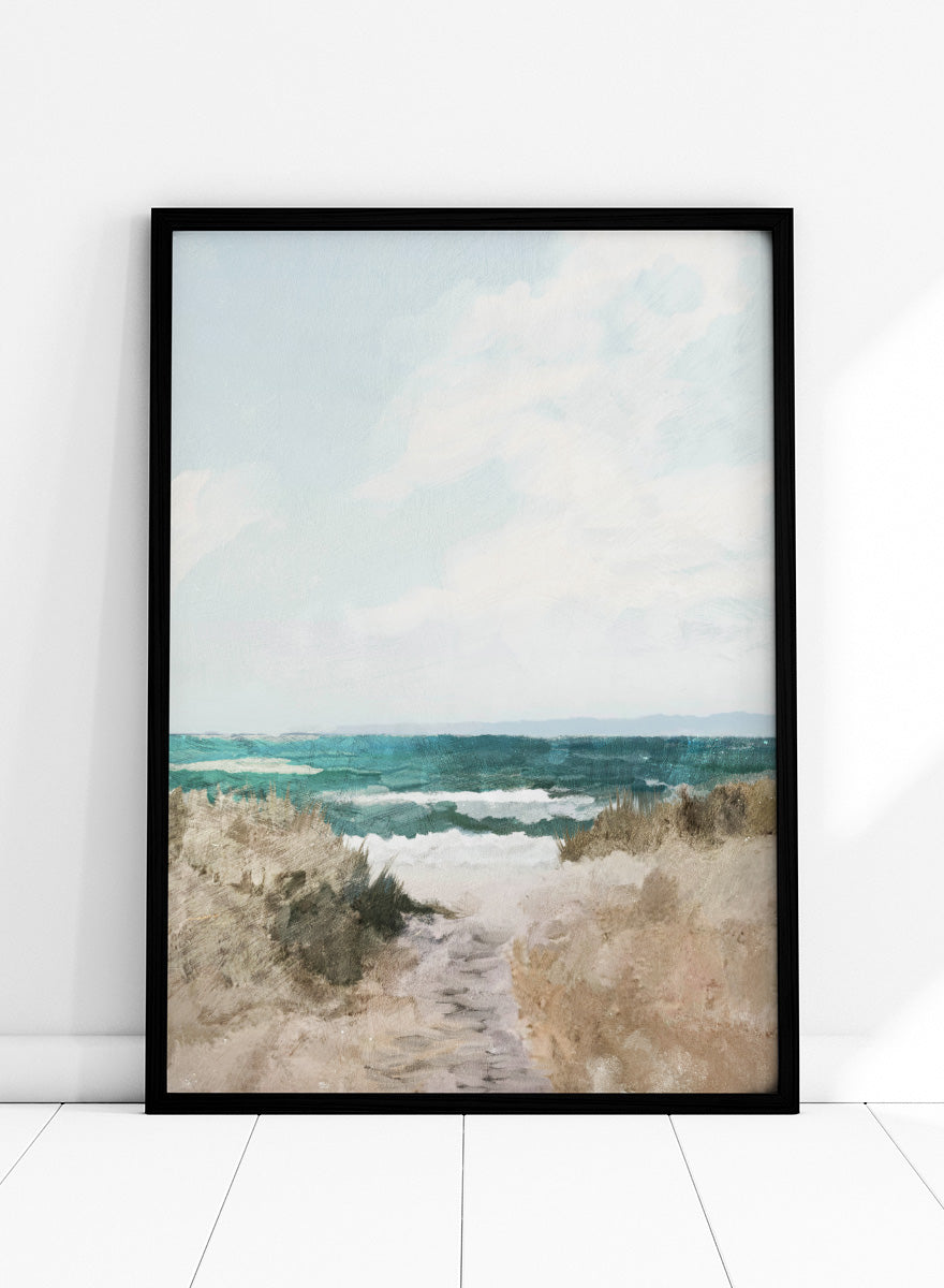 Shop Beach Path by Dan Hobday, a coastal landscape art print featuring turquoise water, sandy dunes, beach grass, soft blue sky, and textured brushwork.