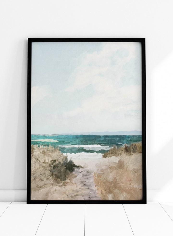 Shop Beach Path by Dan Hobday, a coastal landscape art print featuring turquoise water, sandy dunes, beach grass, soft blue sky, and textured brushwork.