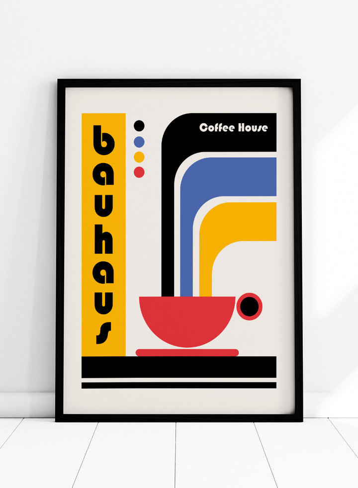 Bauhaus Coffee House by Retrodrome kitchen art print featuring a red coffee cup, bold geometric forms, retro typography, and Bauhaus-inspired color.